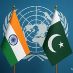Indian and Pakistani flags at the United Nations backdrop representing UNGA 2025 discussion